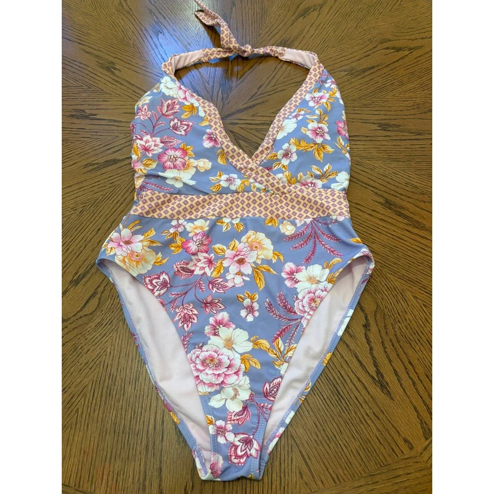 Nanette Lepore Floral Halter One Piece Swimsuit Purple Periwinkle Size 8 - Picture 2 of 8